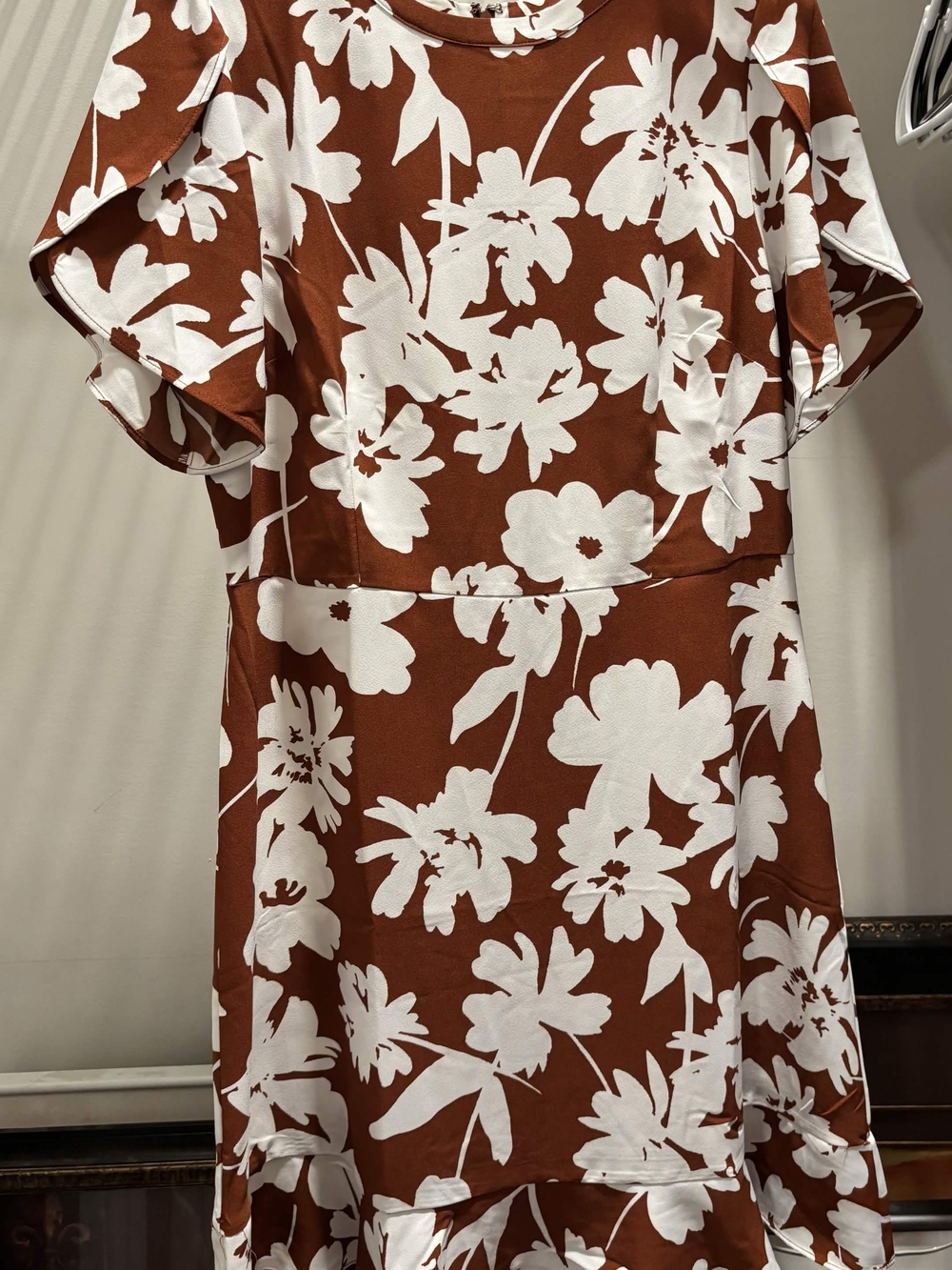 LOFT Burnt Orange Floral Midi Dress with White Bloom Print
